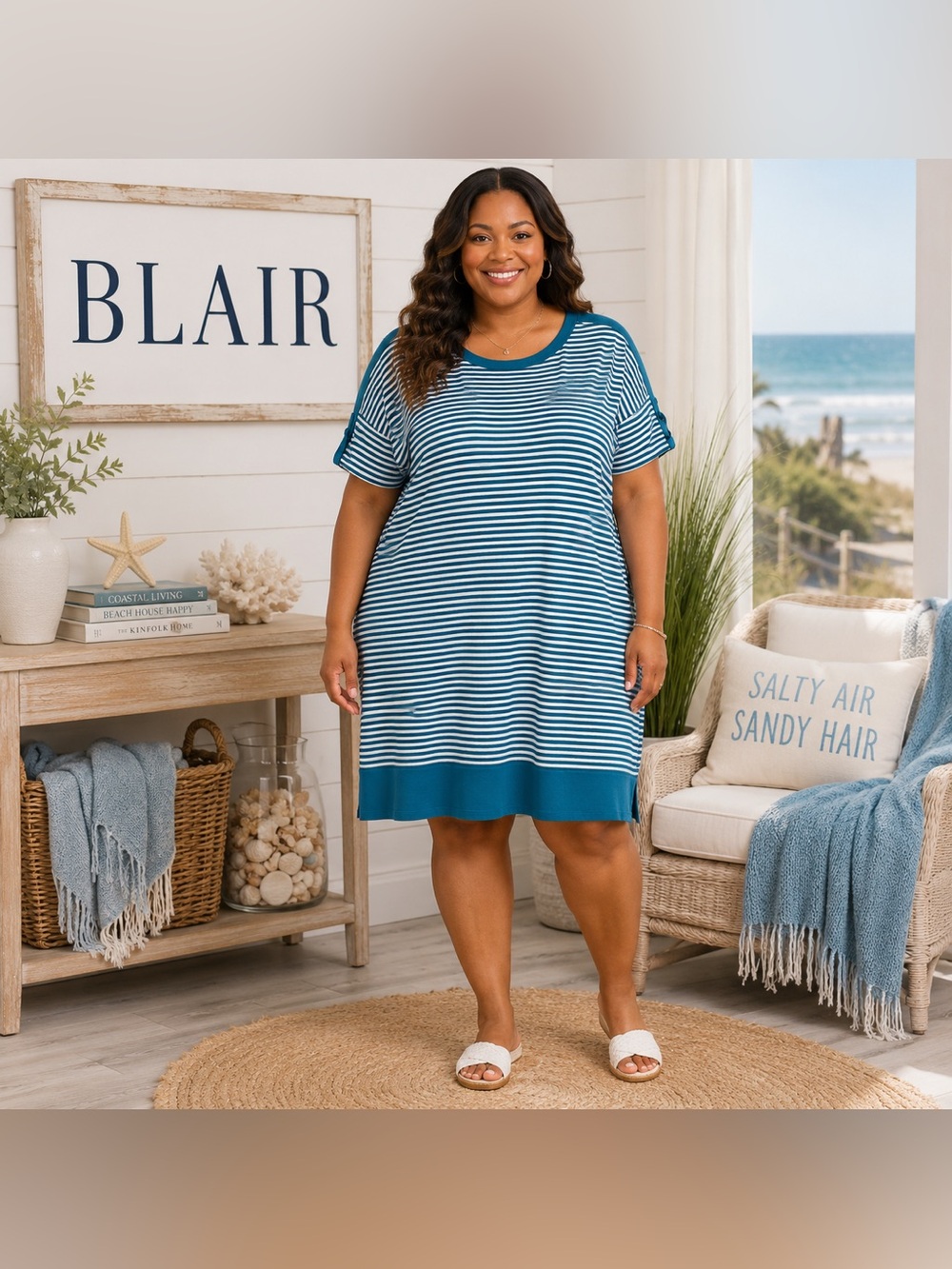 BLAIR Teal & White Striped Casual Dress (2X)